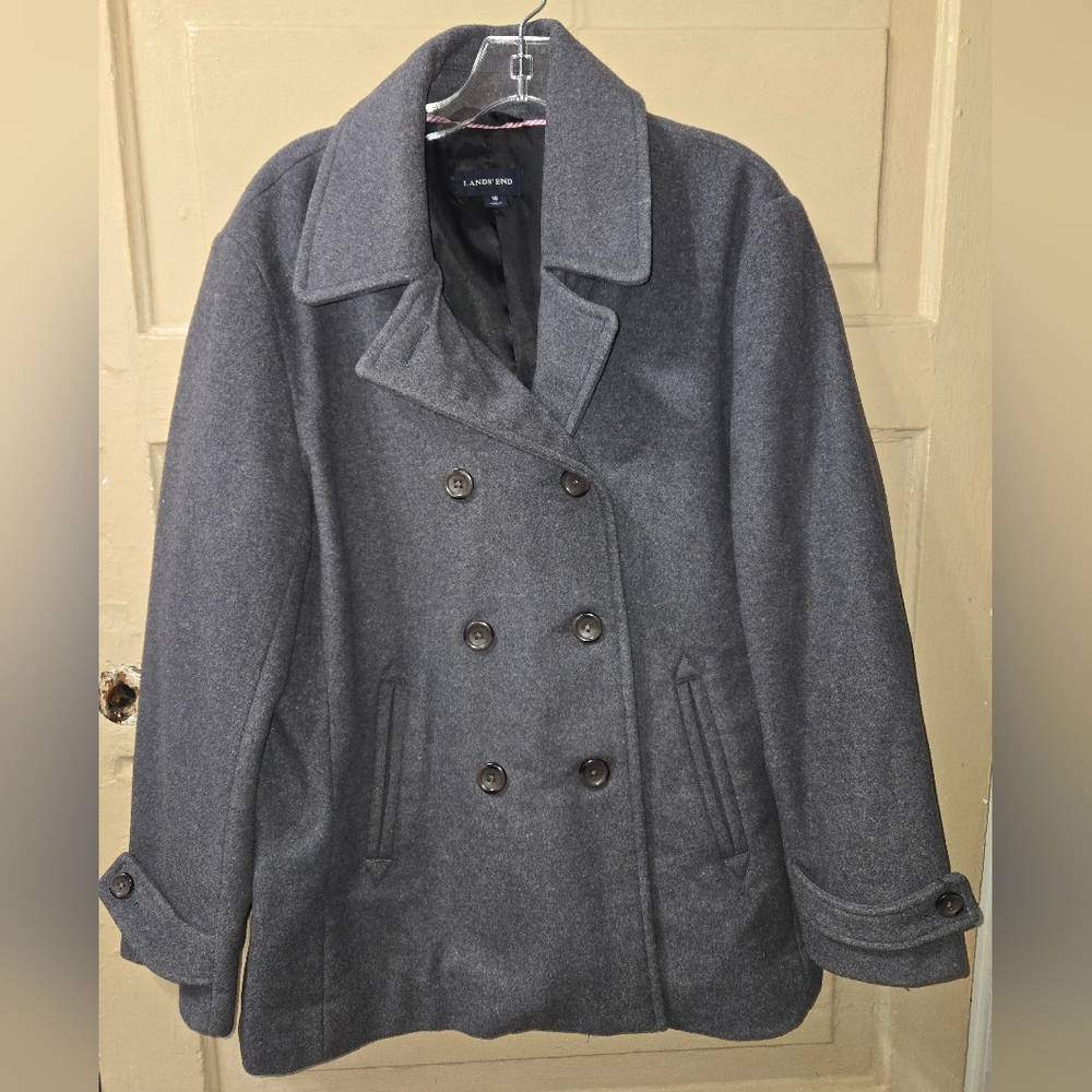Land's End Wool Blend Gray Pea Coat Size: 16 GUC
